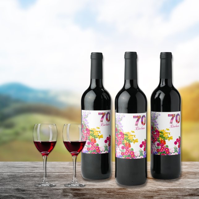 70e anniversaire fleur bouquet vin étiquettes (Créateur téléchargé)