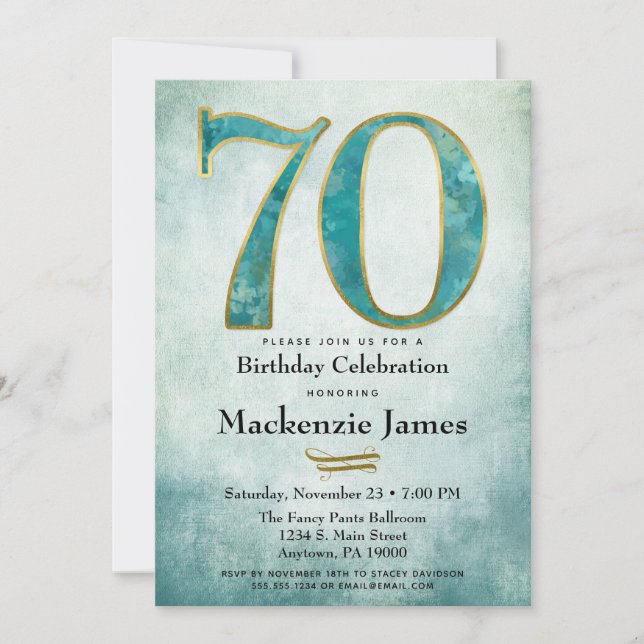 70e anniversaire Invitation Turquoise Blue Gold Ad (Devant)