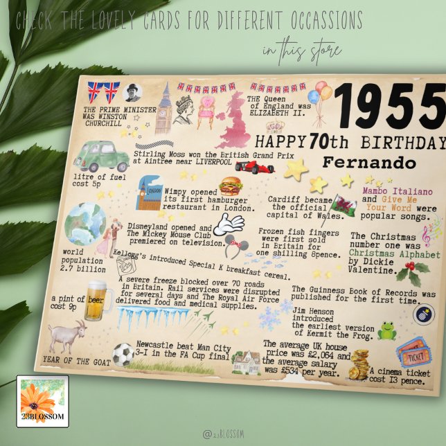 70e anniversaire Jalon Carte d'anniversaire 1955 f (Créateur téléchargé)