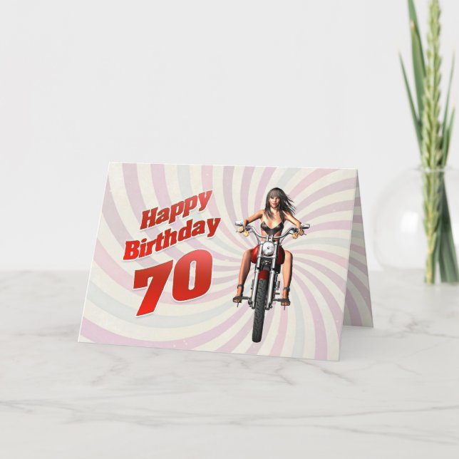 70e carte d'anniversaire avec une fille de moto (Devant)