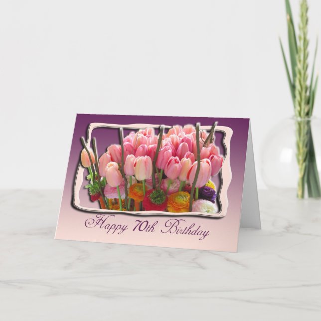 70e Joyeuse carte d'anniversaire - Tulips roses (Devant)