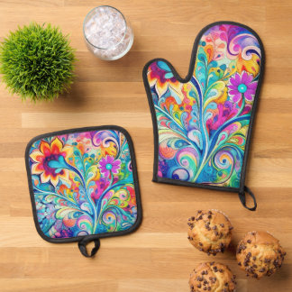 70er 60er Psychedelischer Hippie Retro Hip Ofenhandschuh & Topflappen-Set