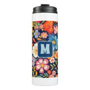70er 60er Retro Floral Monogram Blue und Orange Thermosbecher