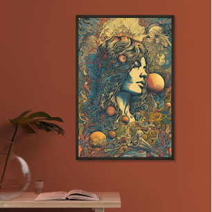 70er Hippie-Frau AI-Kunst Psychedelischer Retro- Poster