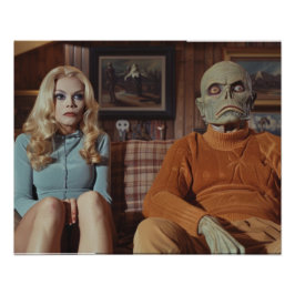 70er Monster und Frau auf Couch Fotodruck