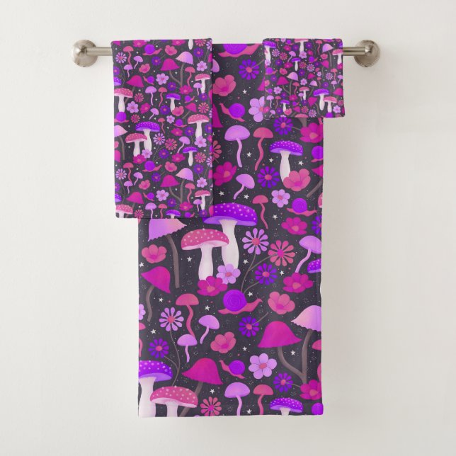 70er Pilze & Blume Rosa, Lila und Schwarz Badhandtuch Set (Insitu)