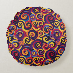 70er Psychedelic Retro Swirl Muster Helle Reds Rundes Kissen