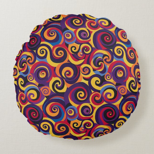 70er Psychedelic Retro Swirl Muster | Helle Reds Rundes Kissen (Vorderseite)