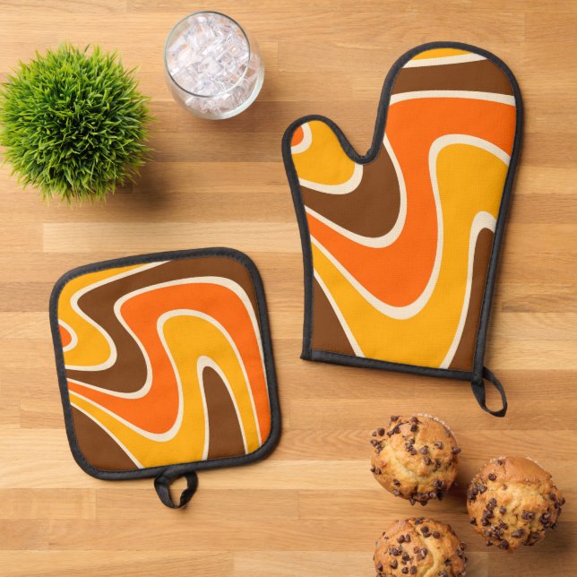 70er Retro Abstrakt Lava Oven Mitt und Pot Holder Ofenhandschuh & Topflappen-Set (Oben Unten)