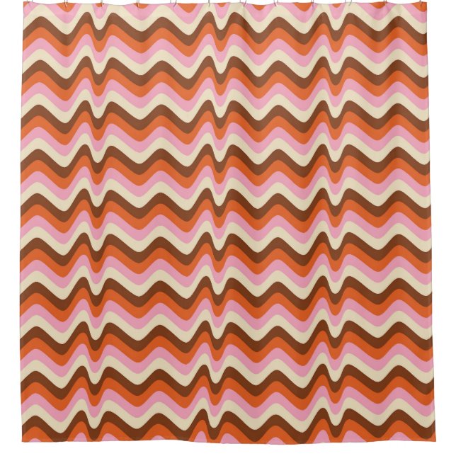 70er Retro Brown Pink Waves Duschvorhang (Vorderseite)
