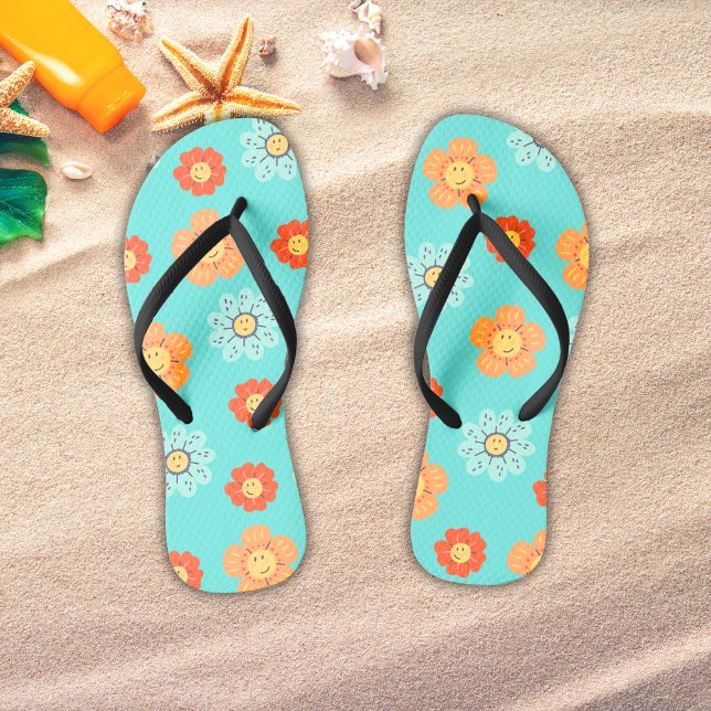 70er Retro farbenfrohe Blumenläden Flip Flops (Beach Flip Flops - Retro Floral Design. )