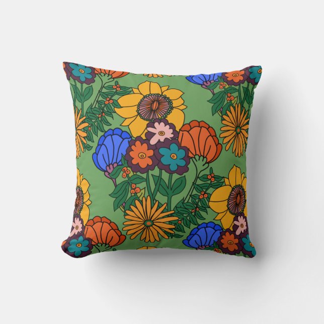 70er Retro Floral Green Kissen (Vorderseite)