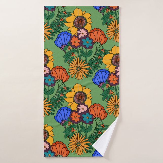 70er Retro Floral Green - Retro Mitte des Jahrhund Badehandtuch (Badehandtuch)
