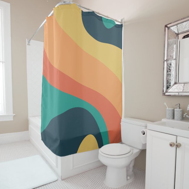70er Retro Groovtern Muster Aquamarin, orange, gel Duschvorhang (Beispiel)