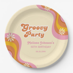 70er Retro Groovy Party Daisies Peach Birthday Pappteller