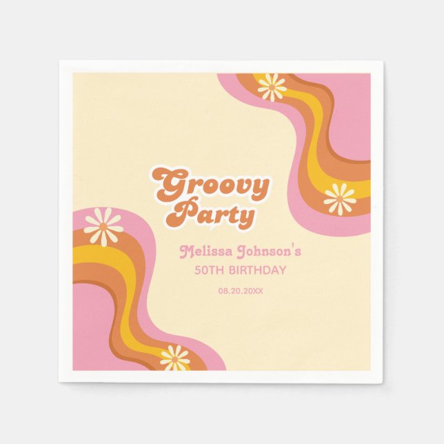 70er Retro Groovy Party Daisies Peach Birthday Serviette (Vorderseite)