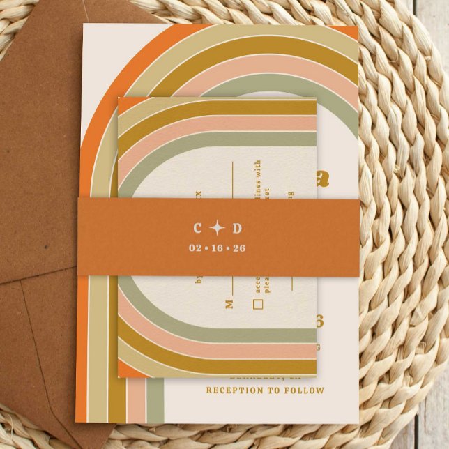 70er Retro Groovy Wedding Einladungsbanderole (70s retro wedding belly bands)