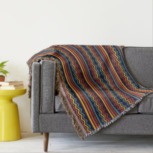 70er Retro Navy- und Senf-Boho-Chevron-Streifen Decke