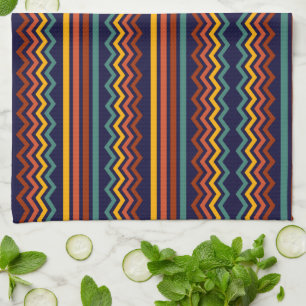 70er Retro Navy- und Senfboho-Chevron-Streifen Geschirrtuch
