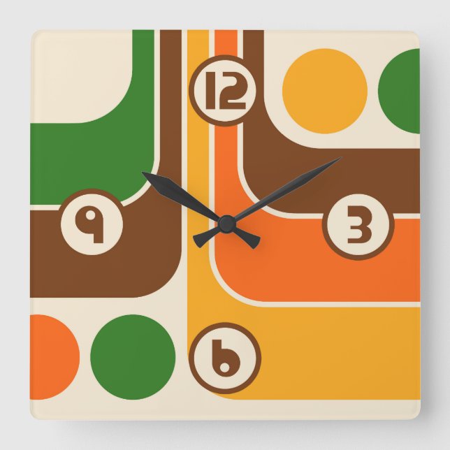 70er Retro Vintag Style Geometric Pattern Quadratische Wanduhr (Vorderseite)
