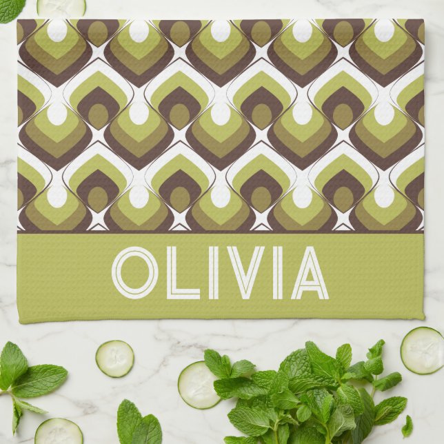 70s Bold Modern Retro Ogee Motif in Greens Geschirrtuch (Gefaltet)