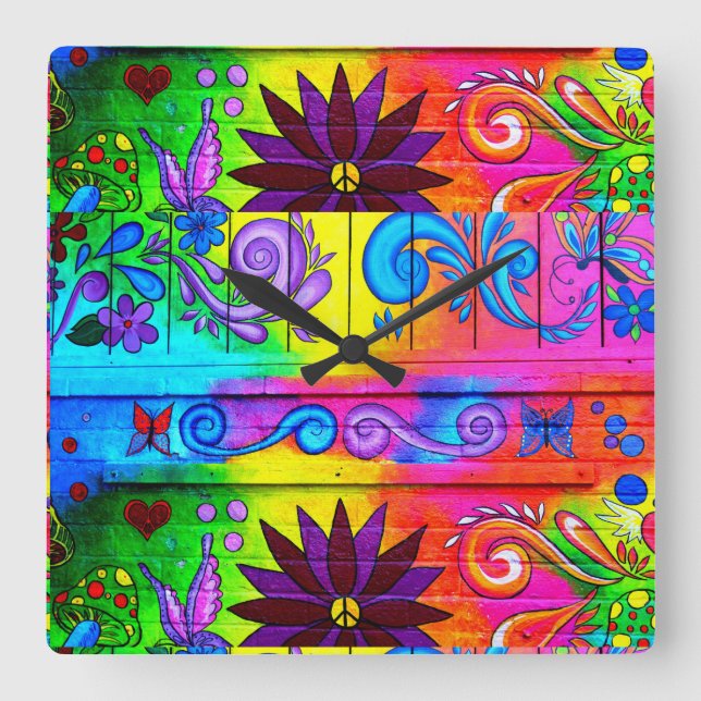 70's hippie psychedelic clock quadratische wanduhr (Vorderseite)