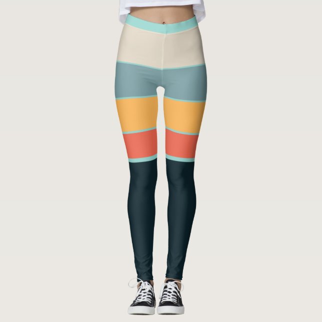 70s Retro Groovy Navy Blue & yellow & pink Stripes Leggings (Vorderseite)