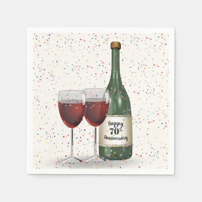 70th Anniversary Party Wine Bottle and Two Glasses Serviette (Vorderseite)