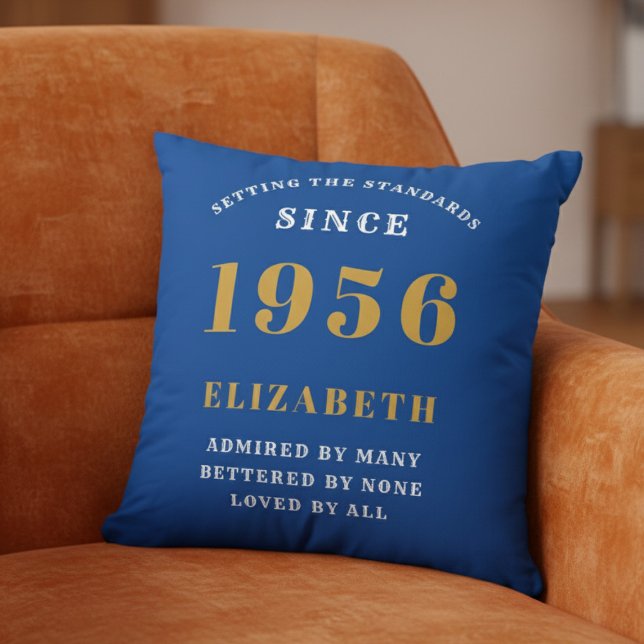 70th Birthday 1956 Add Name Blue Gold Personalized Kissen (1956 Throw pillow on an orange chair.)