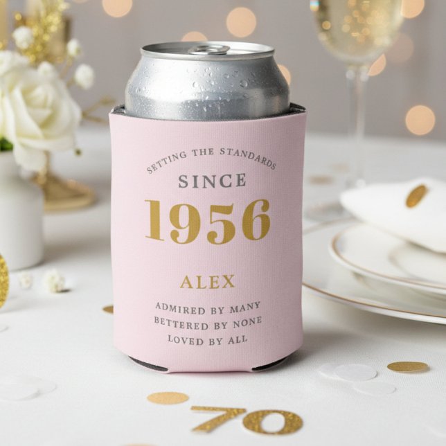 70th Birthday 1956 Keepsake Elegant Personalized Dosenkühler (1956 pink can cooler with white background.)
