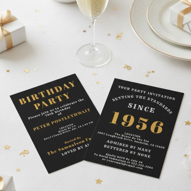70th Birthday Add Name Year Black Gold For Him Einladung (1956 invite. White background. )