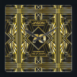 70th Birthday Art Deco Gold Black Great Gatsby Quadratische Wanduhr<br><div class="desc">Celebrate your milestone birthday in style with this unique Art Deco-style,  Great Gatsby-inspired design featuring geometric shapes in bright gold over black background. An elegant,  classy,  gender neutral look perfect for commemorating that special birthday with the jazz-infused taste of the Roaring Twenties.</div>