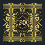70th Birthday Art Deco Gold Black Great Gatsby Quadratische Wanduhr<br><div class="desc">Celebrate your milestone birthday in style with this unique Art Deco-style,  Great Gatsby-inspired design featuring geometric shapes in bright gold over black background. An elegant,  classy,  gender neutral look perfect for commemorating that special birthday with the jazz-infused taste of the Roaring Twenties.</div>
