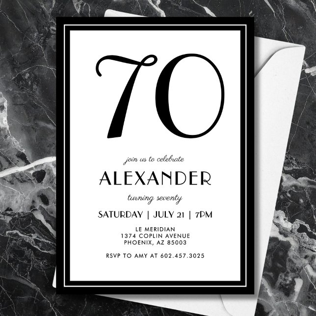 70th Birthday Black and White Modern Minimalist  Einladung (A chic black and white invitation that blends modern minimal design with elegance for seventy.)