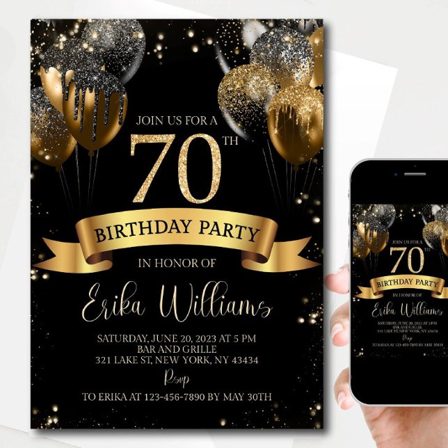 70th Birthday Invitation Template: Black & Gold Ba Einladung (Von Creator hochgeladen)