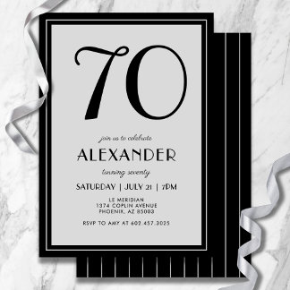 70th Birthday Modern Minimalist Mens Black Gray Einladung
