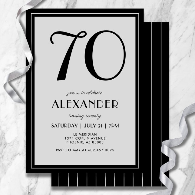 70th Birthday Modern Minimalist Mens Black Gray Einladung (Celebrate turning 70 with sleek typography and timeless sophistication.)
