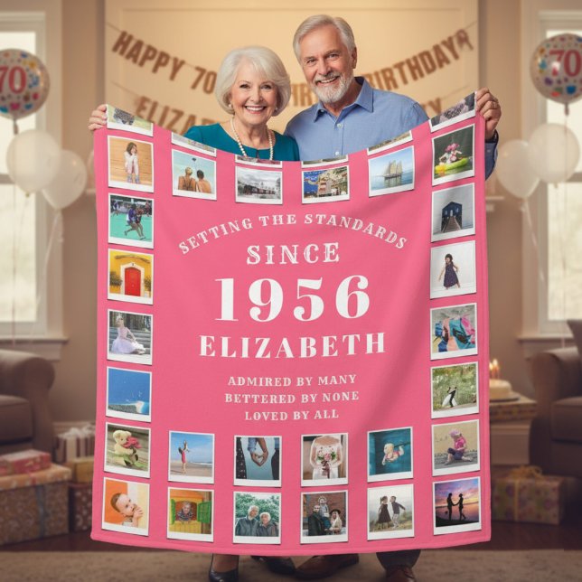 70th Birthday Mother Family Photo collage Pink Fleecedecke (Born 1956 pink fleece blanket held by a couple.)