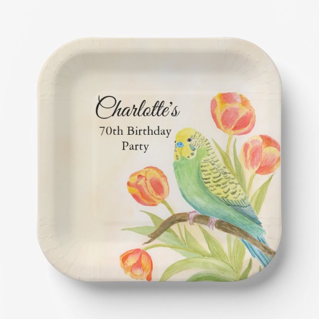 70th Birthday Party Parakeet with Tulips  Pappteller (Vorderseite)