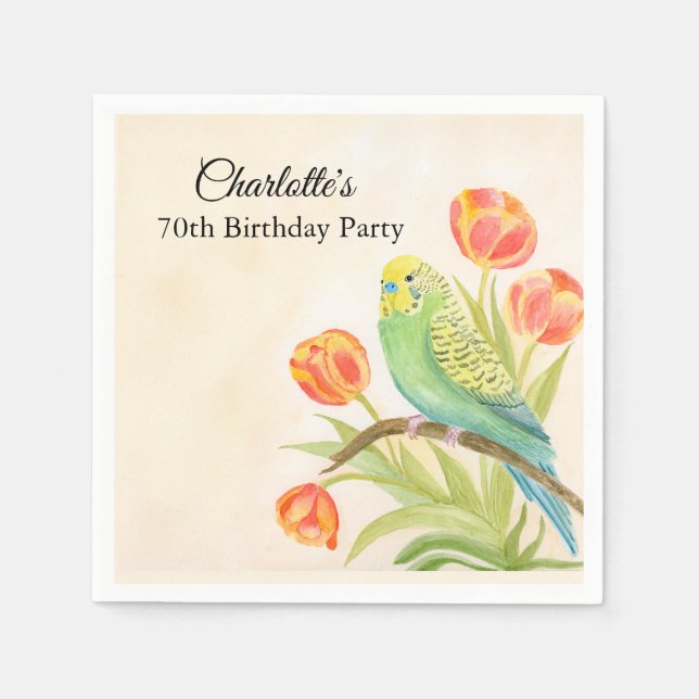 70th Birthday Party Parakeet with Tulips  Serviette (Vorderseite)