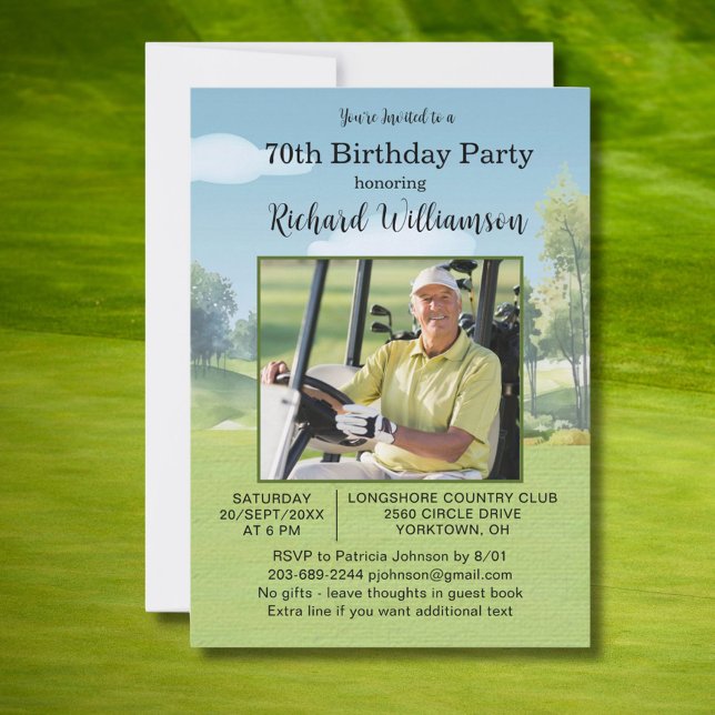 70th Birthday Photo Watercolor Golf Theme Einladung (Von Creator hochgeladen)