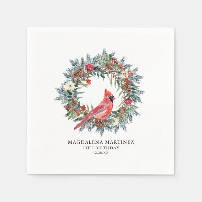 70th Birthday Red Cardinal Wreath Custom Cocktail Serviette (Vorderseite)