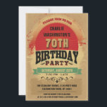 70th Birthday Vintage Typography Grunge Einladung<br><div class="desc">Funky 70th Birthday Party Einladungen zur Bewährung. Mens' or womens' colorful unisex vintage retro style personalised birthday party invites. Woman's or man's bitter personalized custom seventieth / seventy years / 70 year old birthday party celebration einladung with a beautiful, elegant, groovy, retro themed design with a grungy star burst vector...</div>