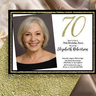 70th Custom Photo White Black and Gold Einladung