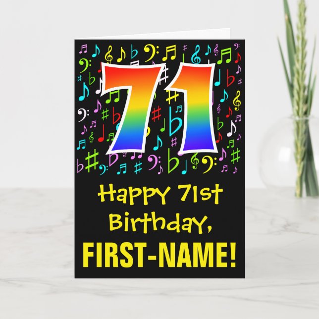 71. Geburtstag: Farbige Musiksymbole + Regenbogen  Karte (Vorderseite)