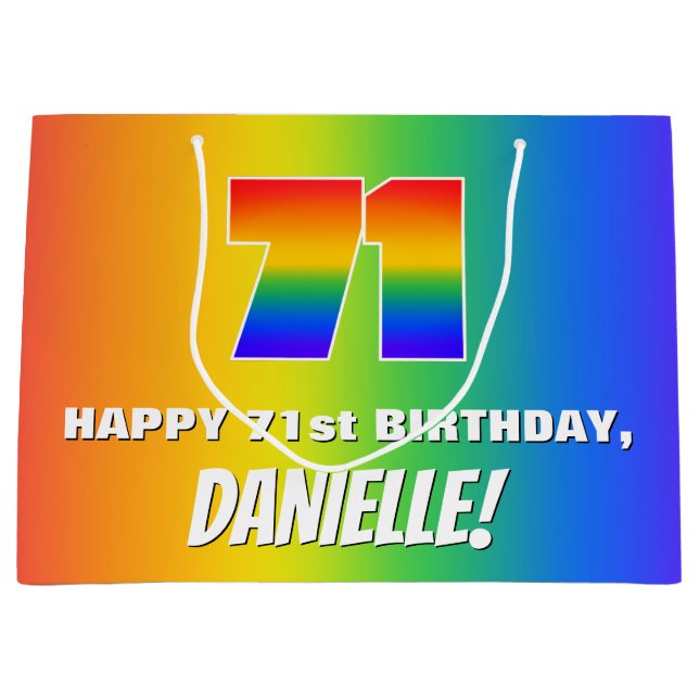 71. Geburtstag: Farbiges, lustiges Regenbogenmuste Große Geschenktüte (Vorderseite)