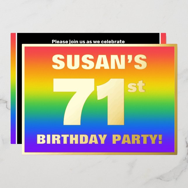 71st Birthday Party: Fun, Colorful Rainbow Pattern Folieneinladung (Vorderseite/Rückseite)