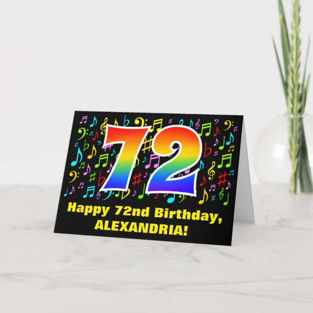 72. Geburtstag: Farbige Musiksymbole & Regenbogen  Karte (Vorderseite)