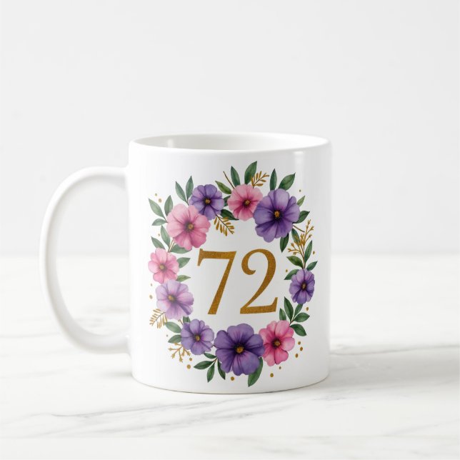 72ème Anniversaire Mug - Couronne florale avec num (Gauche)