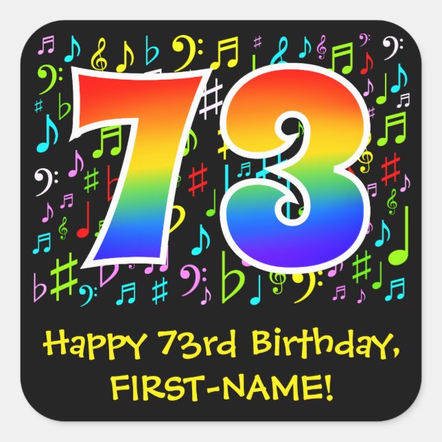 73. Geburtstag: Farbige Musiksymbole, Regenbogen 7 Quadratischer Aufkleber (Vorderseite)